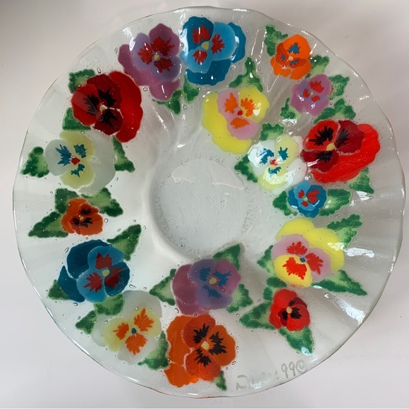 Andra DuRee Signed Fused Glass Dish Plate & Ruffled Bowl Floral Serving Set 1999 - Picture 7 of 13